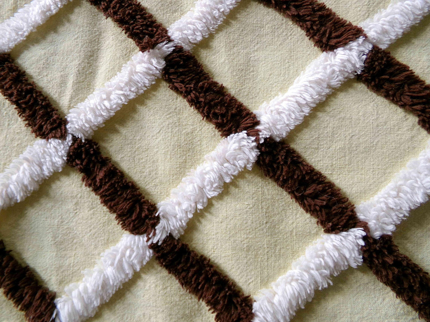 buttery yellow vintage chenille fabric in chocolate white crosshatch pattern, unique 20" x 25" piece of quilt material for crafts & sewing