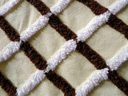 buttery yellow vintage chenille fabric in chocolate white crosshatch pattern, unique 20" x 25" piece of quilt material for crafts & sewing