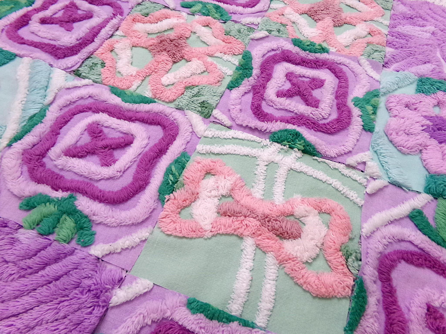 fabulous flowers vintage chenille fabric squares, set of 16 lavender green quilt blocks 6" ea