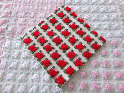 romantic rosebuds vintage chenille fabric squares, gorgeous medley of pink, red, white roses, set of 16 quilt blocks, 6" x 6" inch