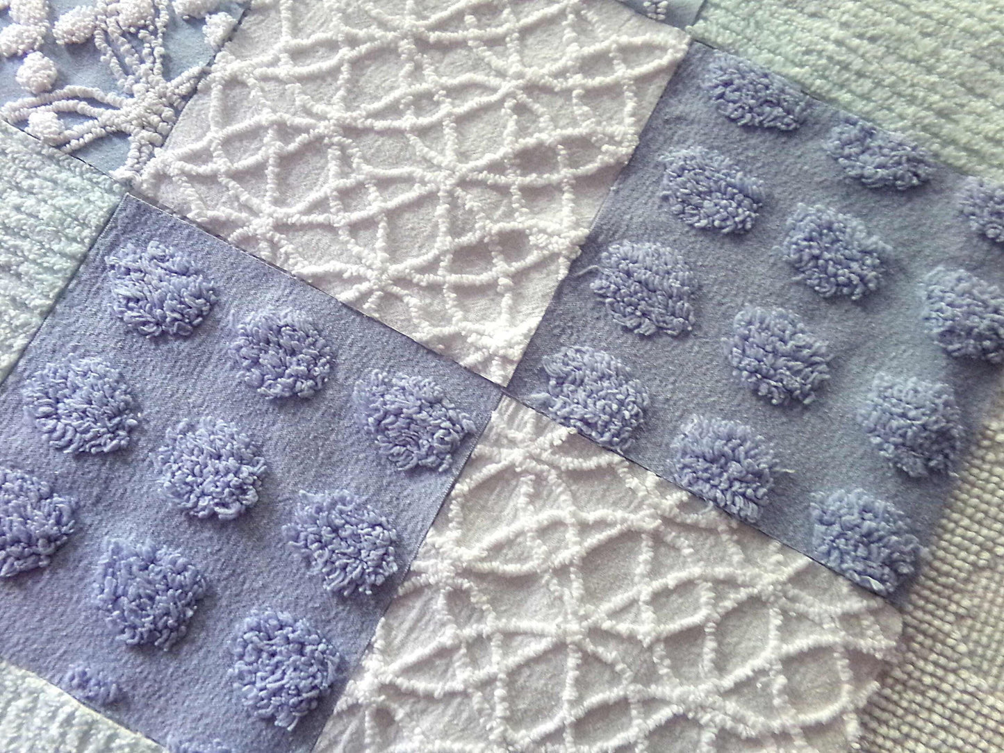 Chenille Fabric Squares Set, "Beach Life", 16 Vintage Quilt Blocks, 6" inch in Blue, Cool Aqua & White