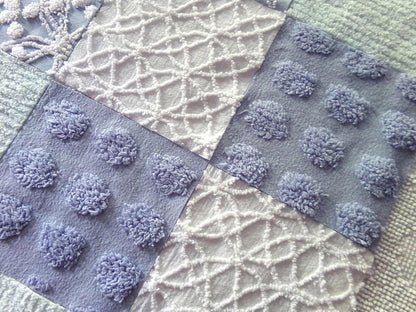 Chenille Fabric Squares Set, "Beach Life", 16 Vintage Quilt Blocks, 6" inch in Blue, Cool Aqua & White