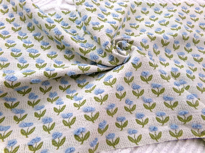 Tulip Garden Vintage Chenille Bedspread Fabric, Little Blue Flowers & Green Leaves, 12" x 24" inch Piece, Sewing Material for Quilts, Crafts