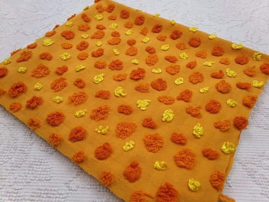 boho vintage chenille fabric, optic orange multisize cirrus dot design, sewing & quilt material w/ Aztec fringe 24" x 18"