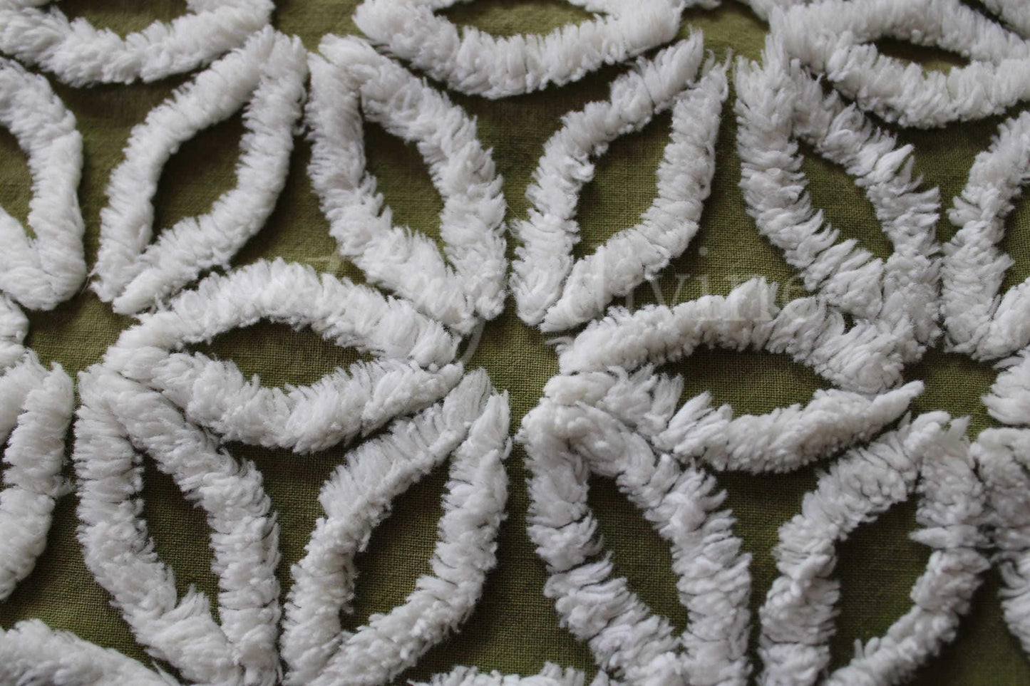 Vintage Green Chenille Fabric Boho Daisy Floral Craft Quilting Sewing Material, 18" x 24"