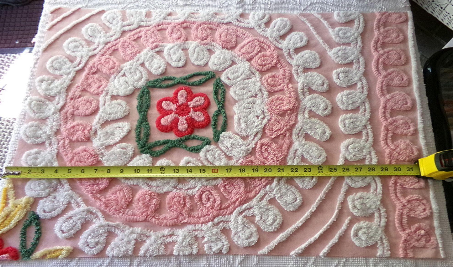shabby pink vintage chenille fabric, cake frosting floral curlicues, 20" x 31"