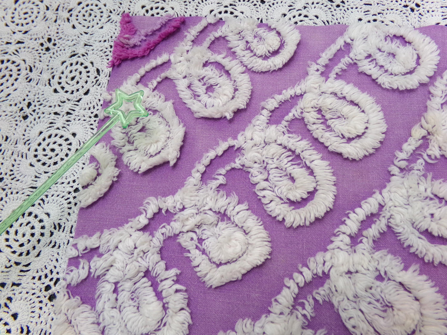Shabby Purple & White Vintage Chenille Fabric 18 x 20" Curlicue Geometric Boho Quilt Sewing Material