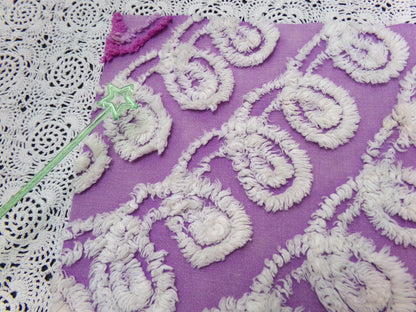 Shabby Purple & White Vintage Chenille Fabric 18 x 20" Curlicue Geometric Boho Quilt Sewing Material