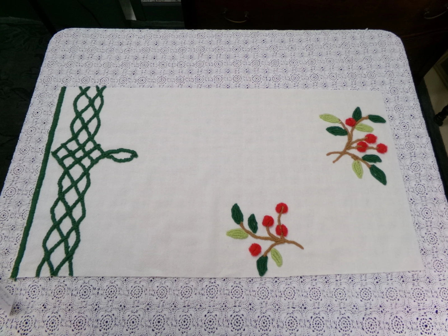 Cherry Berry Vtg Chenille Bedspread Fabric 14.5x27" Pc Farmhouse Sewing Material