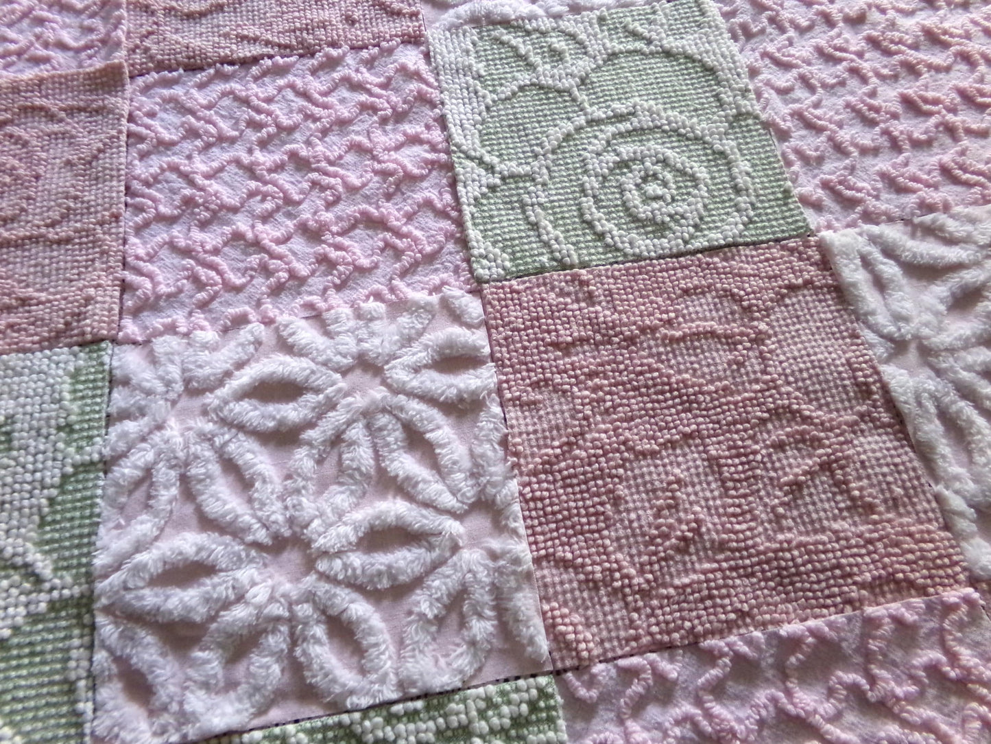 Garden Walk Chenille Quilt Squares Set from Vintage Bedspread Fabric, 16 Blocks, 6" inch in Sage Green, Pink, Rose Mist & Whispers of White