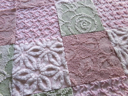 Garden Walk Chenille Quilt Squares Set from Vintage Bedspread Fabric, 16 Blocks, 6" inch in Sage Green, Pink, Rose Mist & Whispers of White