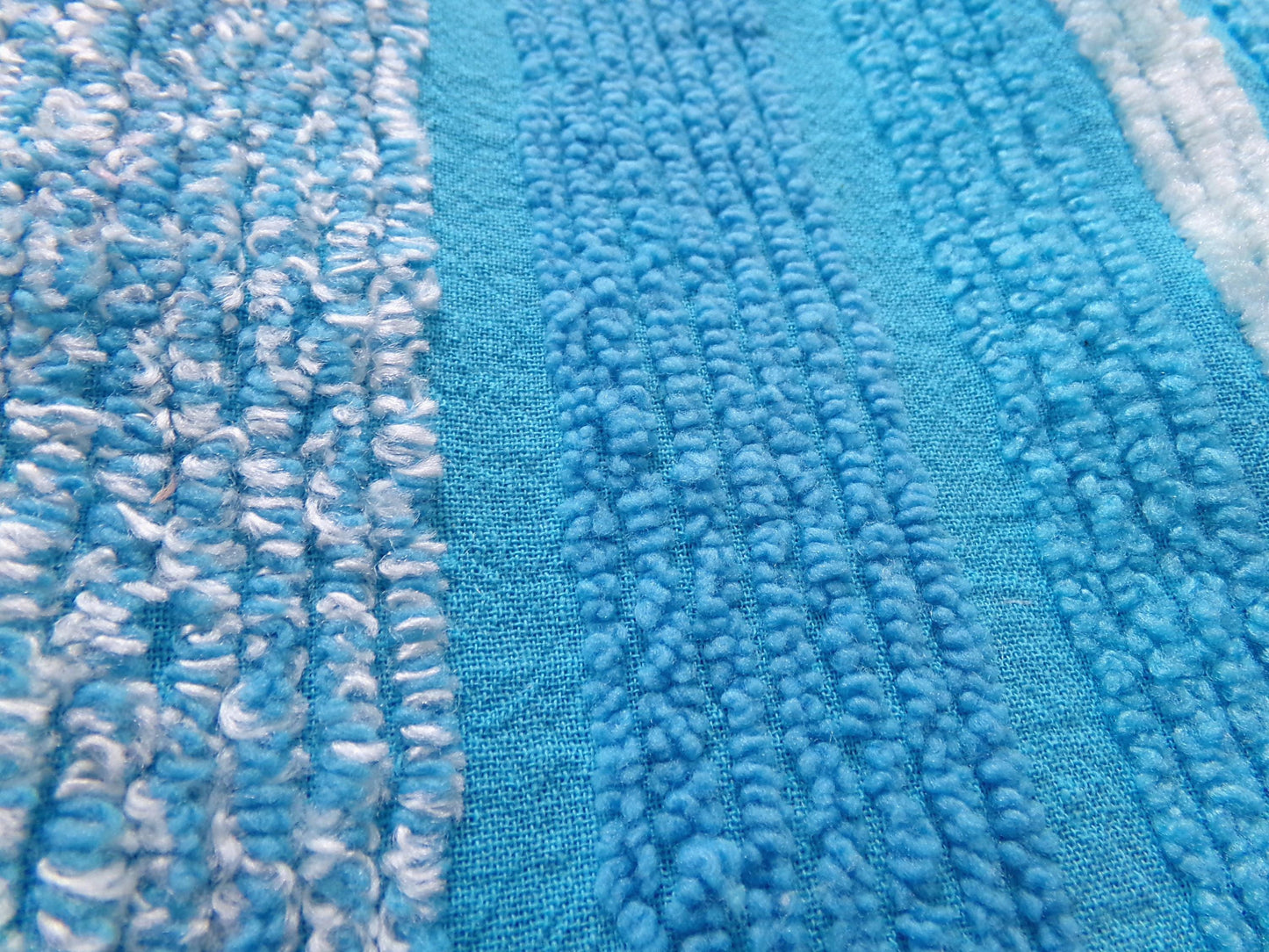 mermaid blue vintage chenille fabric, bright variegated multisize stripes, 20" x 24" piece of sewing material