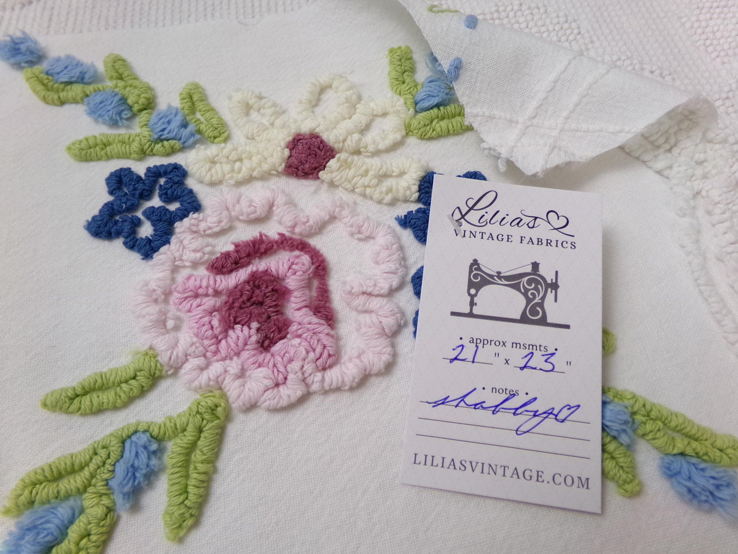 Shabby Coastal Vintage Chenille Fabric, Blue & White Floral Sewing Material 21" x 23" Piece