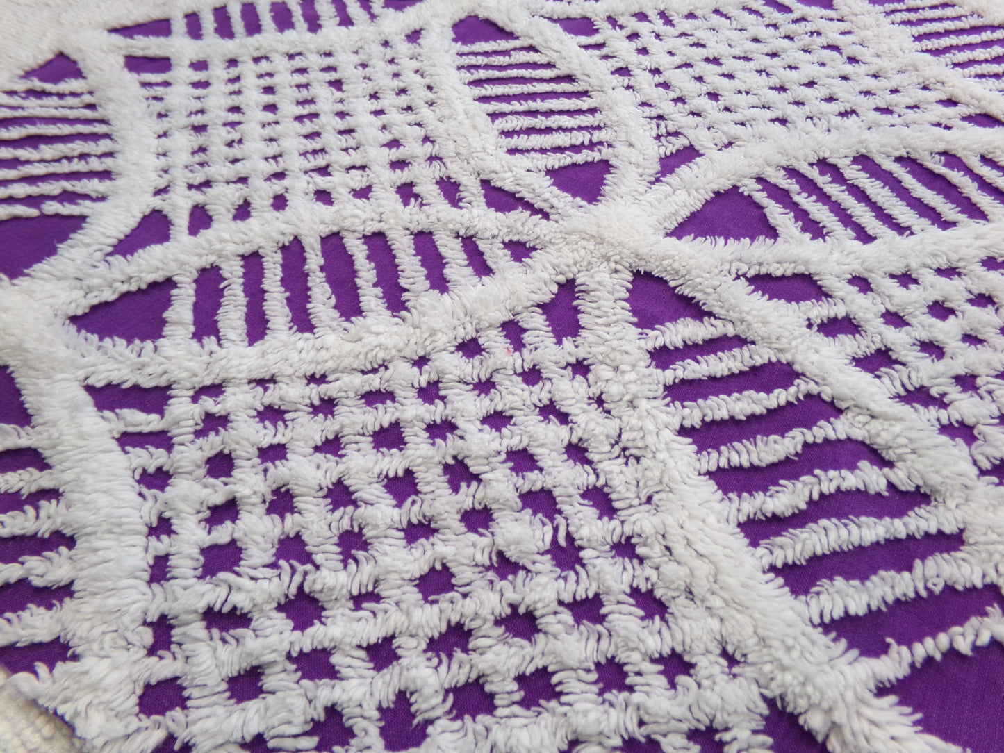 Vintage Chenille Fabric, 21" x 20" inch Piece, Snow White Geometric Design on Grape Purple