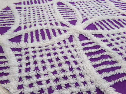 Vintage Chenille Fabric, 21" x 20" inch Piece, Snow White Geometric Design on Grape Purple