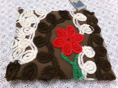 Rich Chocolate Vintage Chenille Bedspread Fabric Cherry Red Flowers 20x24"