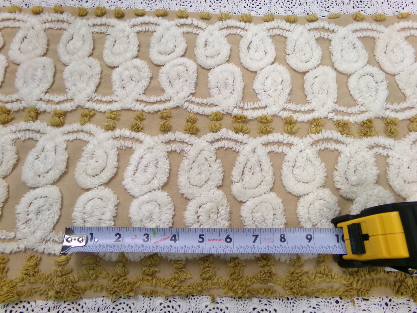 Vintage Chenille Fabric, Creamy Caramel White Dot Swirl Design 12x38" Pc