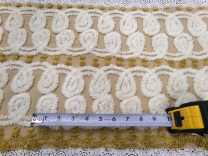 Vintage Chenille Fabric, Creamy Caramel White Dot Swirl Design 12x38" Pc