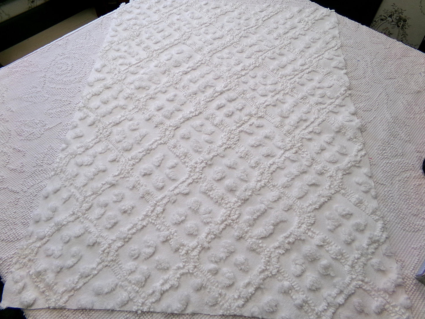 White Vintage Chenille Fabric: Tumbling Block Pops Geometric Design, 20" x 24" Piece Sewing & Quilt Material