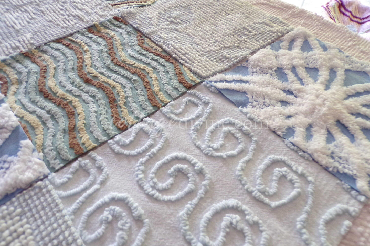 Breezy Blues Vintage Chenille Fabric Squares, Set of 17 Quilt Blocks, 6" x 6" inch, for Slow Stitching, Junk Journals, Quilting