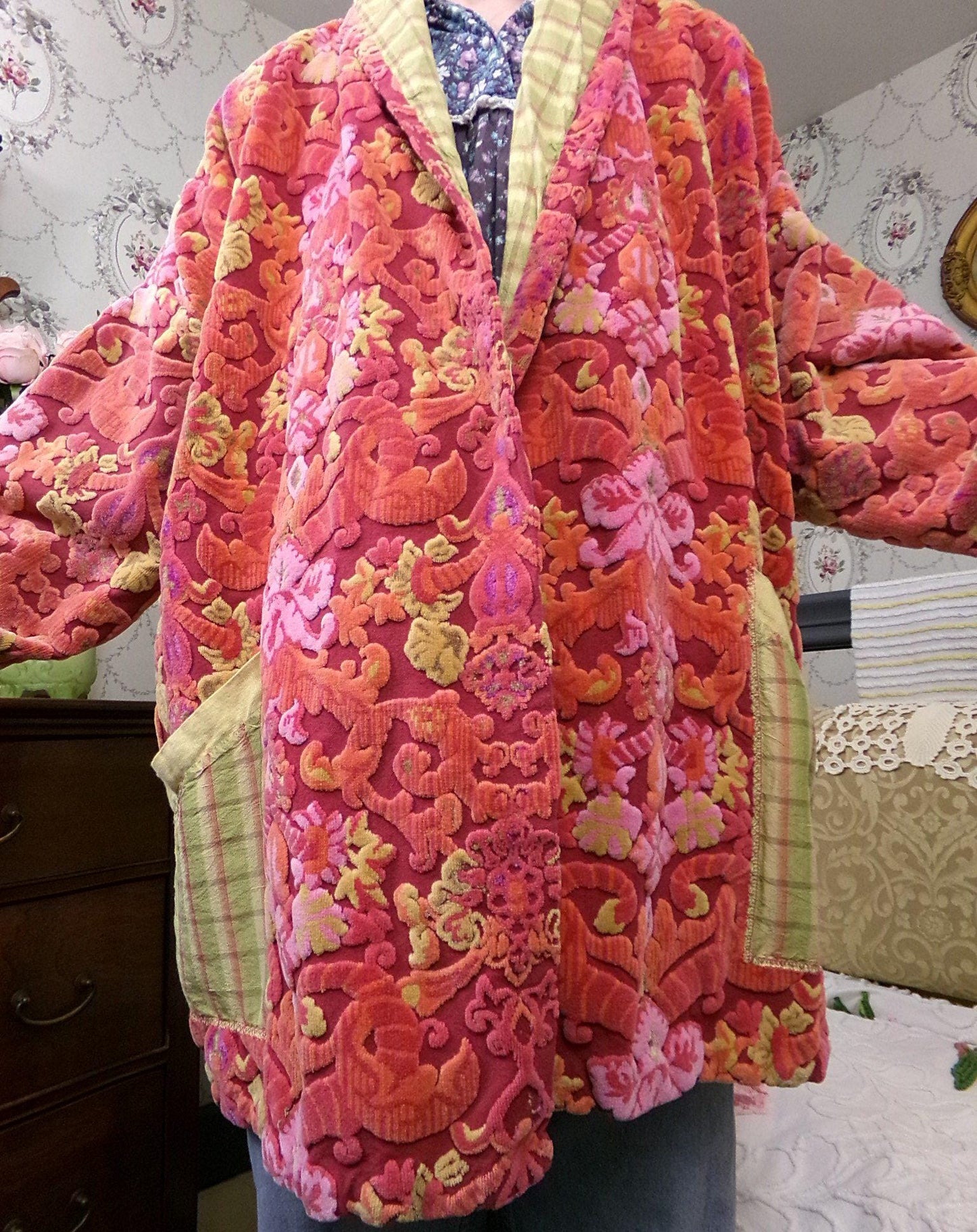 Vintage Bates Velvet Chenille Jacket Handmade Oversized Womens Red Baroque Damask Boho Style, s/m/l/xl