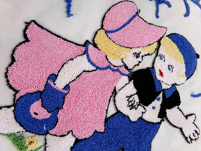 whimsical vintage chenille fabric panel: jack & jill storybook cute kids w/ scotty dog, 22" x 26" piece