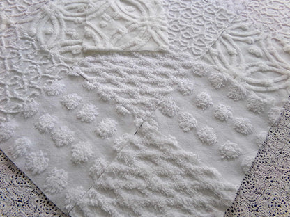 Weathered Whites Vintage Chenille Fabric Squares, 17 Blocks, 6" x 6" inch, Neutral Shades of Classic White