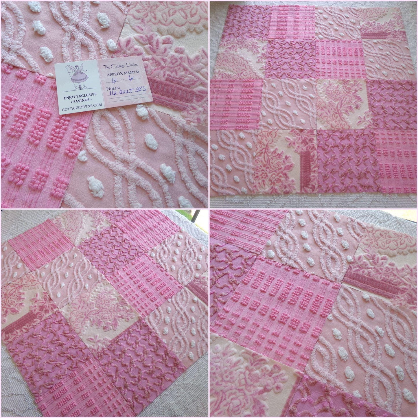 pixie princess velvet & chenille fabric squares, set of 16 pink vintage 6" quilt blocks for crafting, quilt inlays, pillows, fiber arts