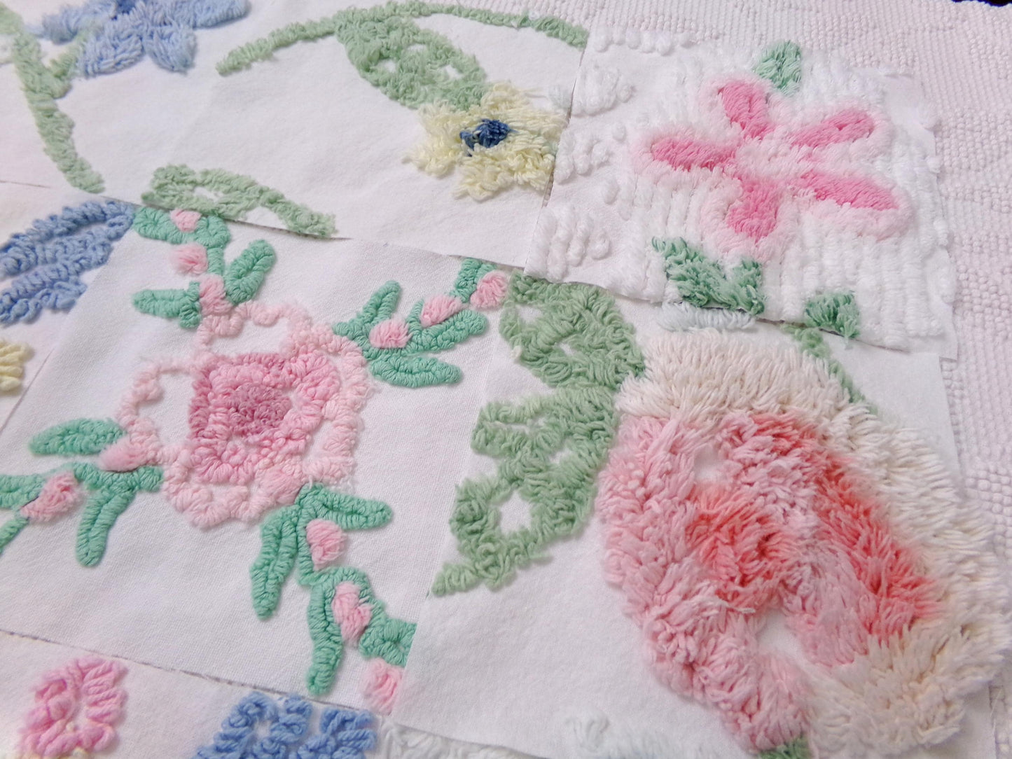 Vintage Chenille Fabric Squares Set of 16 Summer Wildflowers Floral Coordinating Quilt Blocks 6x6"