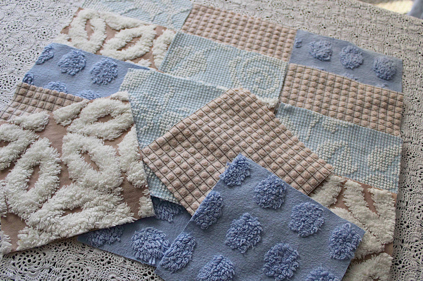 sky & sand vintage chenille fabric squares, set of 16 quilt blocks 6" each, modern dot, hobnail, geometric in blue, white, sand