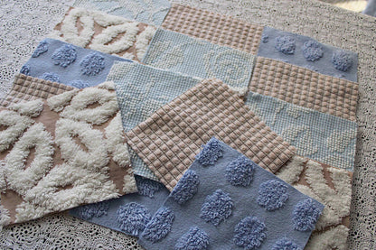 sky & sand vintage chenille fabric squares, set of 16 quilt blocks 6" each, modern dot, hobnail, geometric in blue, white, sand