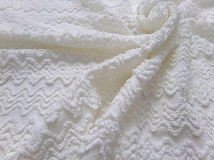 Heavenly White Vintage Chenille Bedspread Fabric, Textured Zig Zag Quilt Material, 18" x 24"