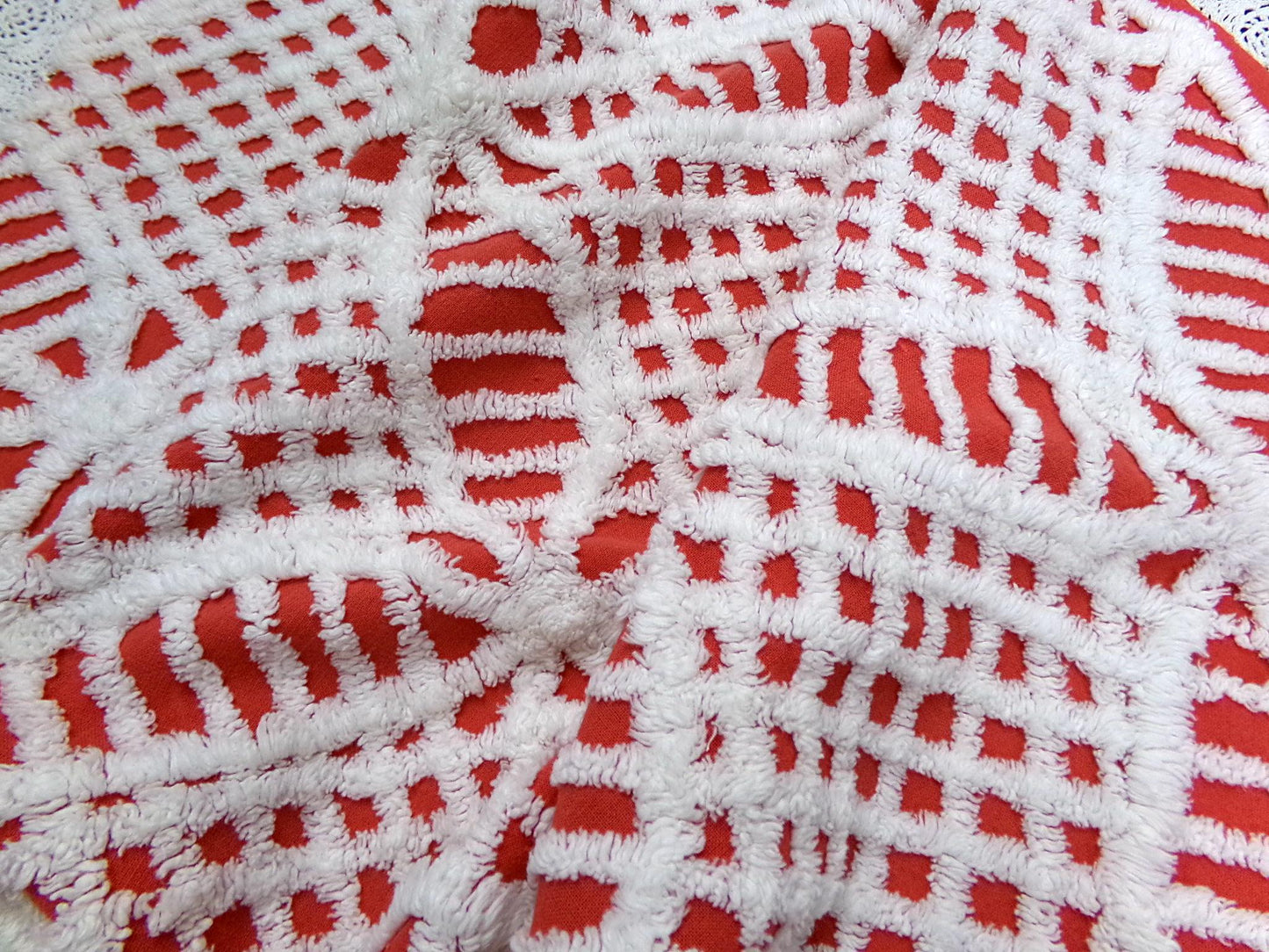 Red & White Vintage Chenille Fabric, Tufted Geometric 19x27" Sewing Material