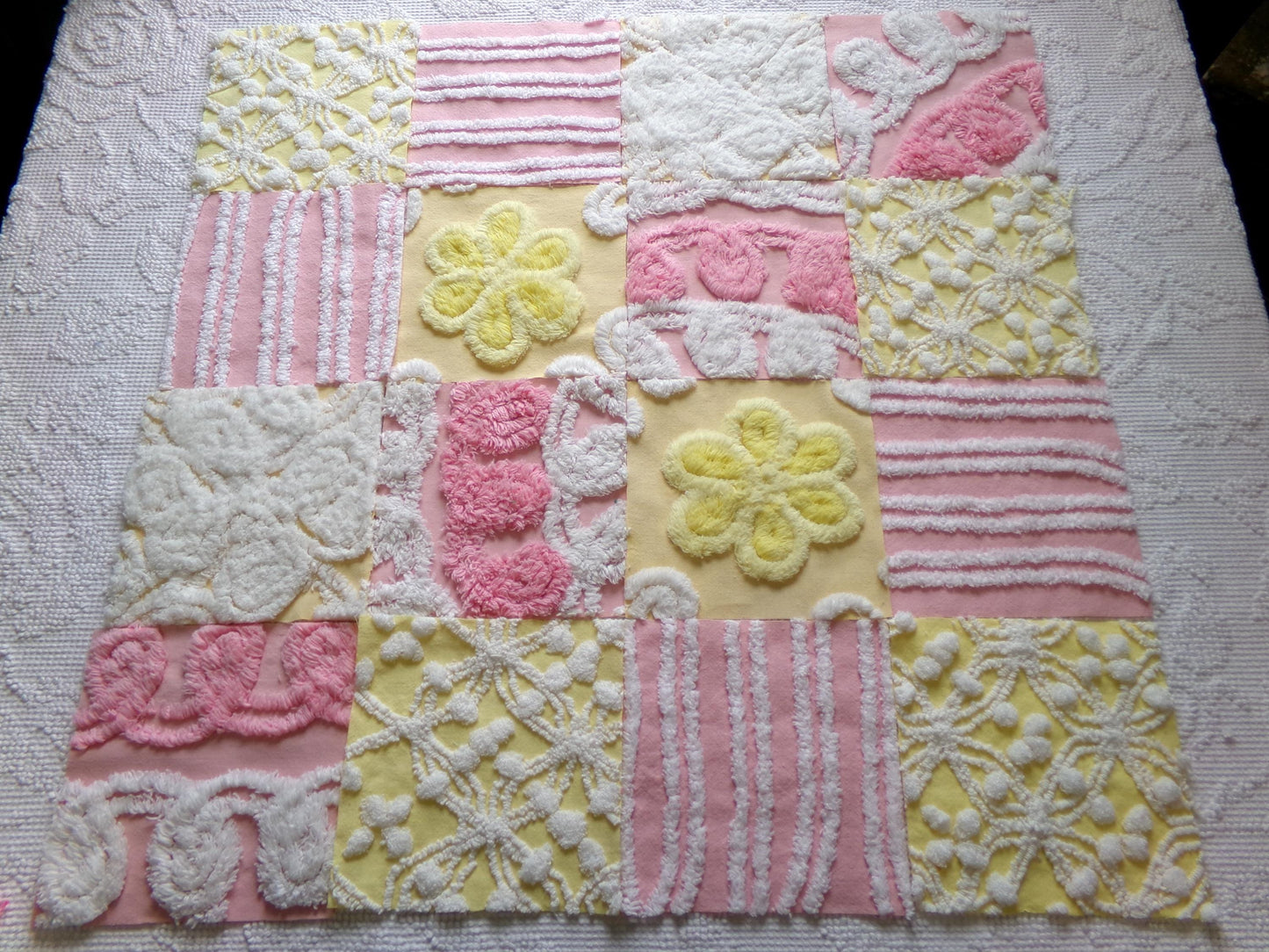 vintage chenille fabric squares, "sunshine smiles" set of 16 pink & yellow floral 6" quilt blocks for quilting, crafts, sewing