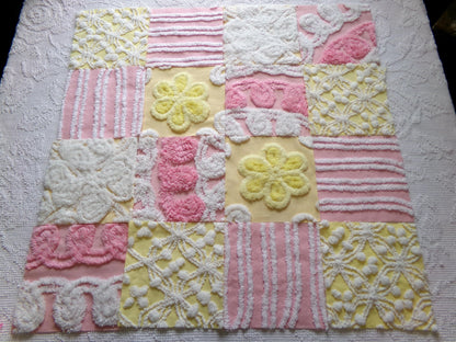 vintage chenille fabric squares, "sunshine smiles" set of 16 pink & yellow floral 6" quilt blocks for quilting, crafts, sewing