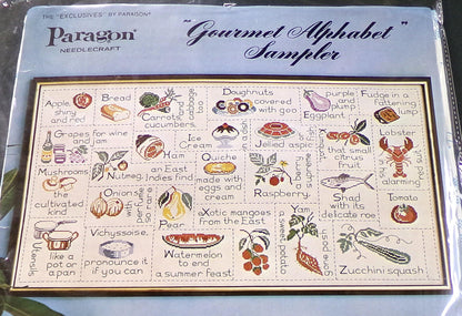 Fun Foodie GOURMET ALPHABET SAMPLER Embroidery Vintage Paragon 0653 Kitschy Kitchen Stitchery Kit