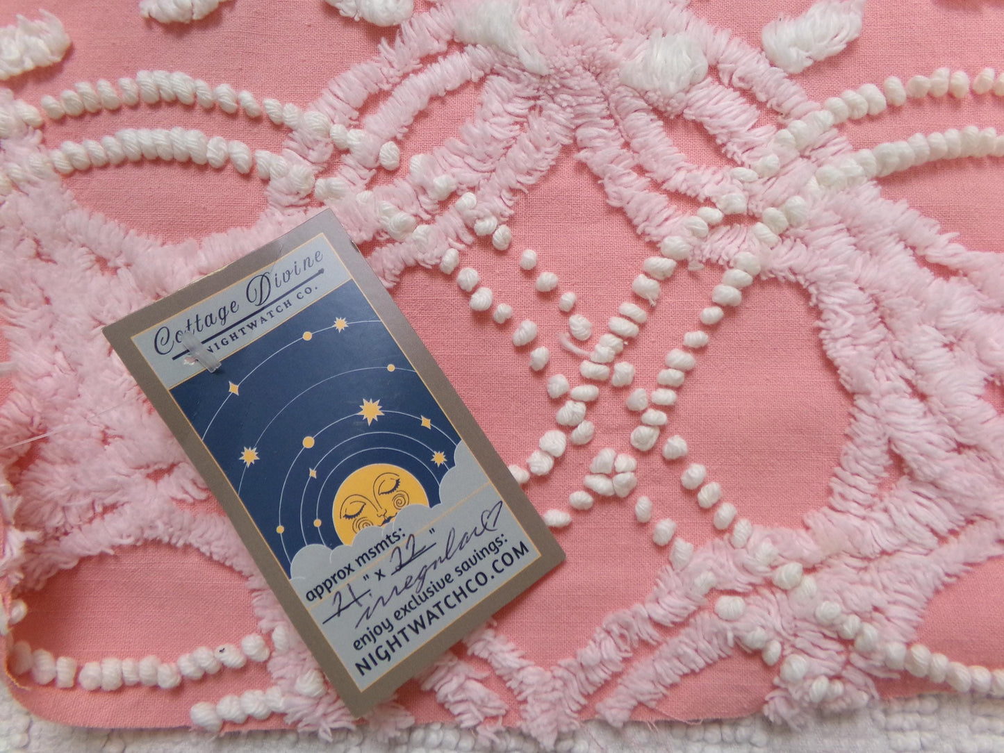 rose pink vintage chenille fabric, infinity links & pearl pops design 21" x 22"