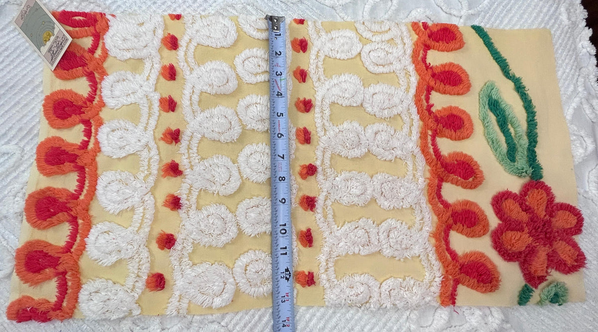 Happy Yellow Vintage Chenille Bedspread Fabric, Boho Red Flower Curlicues 13x25"
