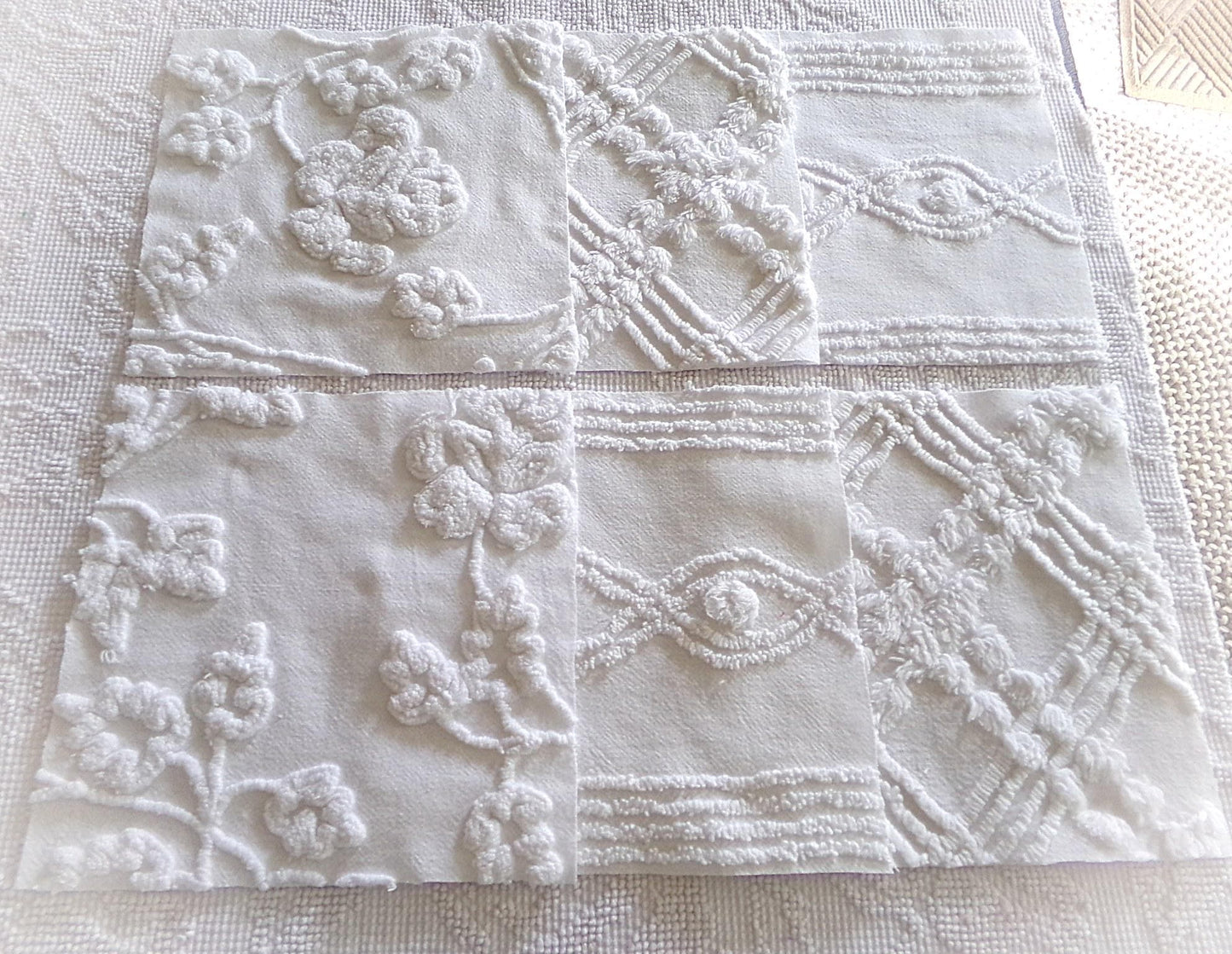 rambling rose vintage chenille fabric squares, set of 6 large 9.5" white quilt blocks, floral & geometric prints for sewing, quilting