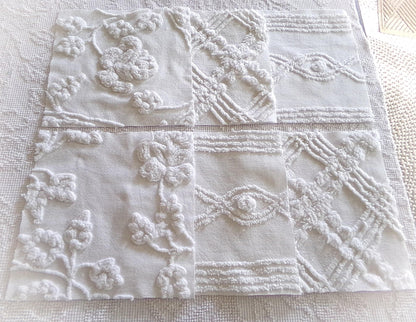 rambling rose vintage chenille fabric squares, set of 6 large 9.5" white quilt blocks, floral & geometric prints for sewing, quilting