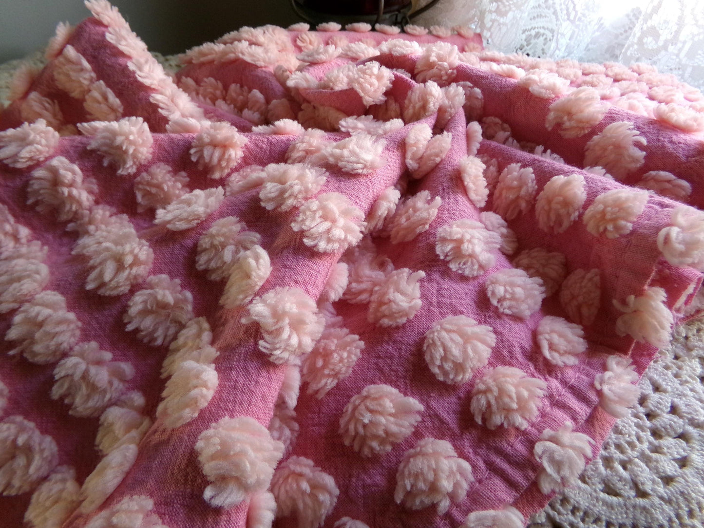 fluffy puff pops chenille fabric, sweet oversize bobbles on pink rose, 20" x 24" inch piece great for chenille quilts & sewing projects