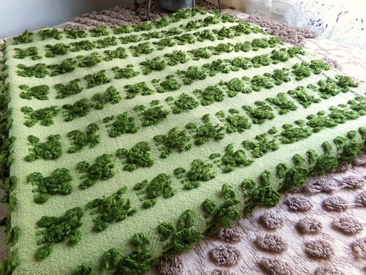 Hippie Chic Vintage Green Rosebud Chenille Fabric, Boho Rose Design