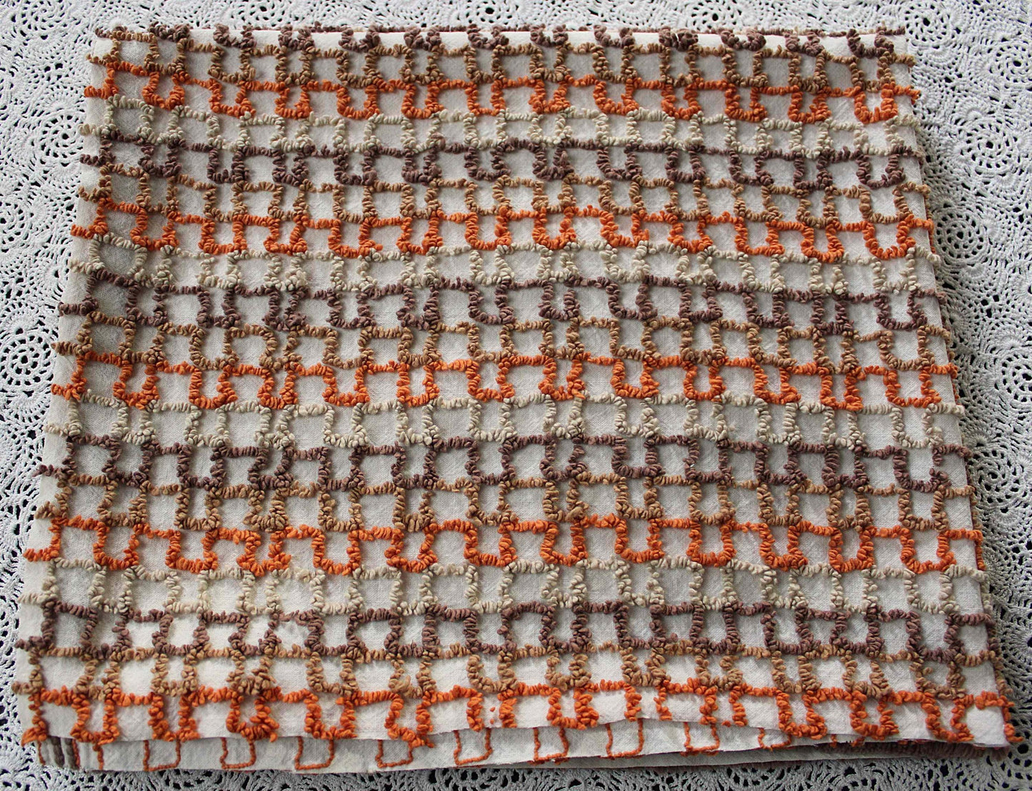 best boho colors vintage chenille fabric, fun pattern for small totes & bags, 20" x 24" inch piece, orange, mocha, chocolate, sand colors