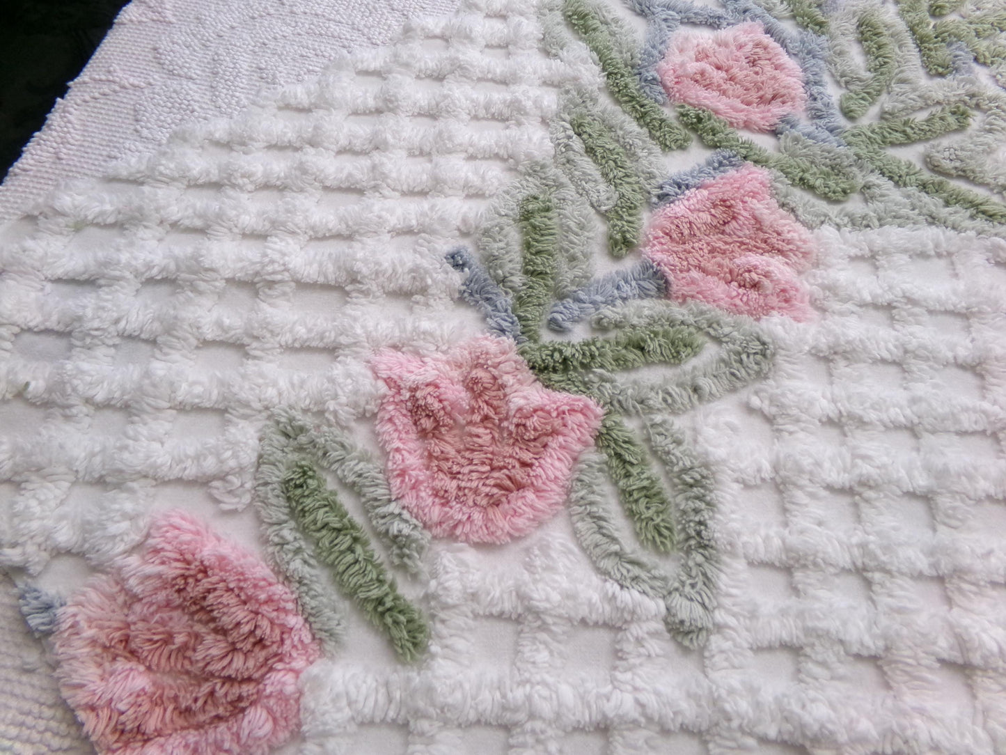 climbing tulips vintage chenille fabric in plush pink & white offset floral trellis design, 26" x 24" piece of sewing material