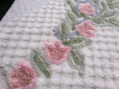 climbing tulips vintage chenille fabric in plush pink & white offset floral trellis design, 26" x 24" piece of sewing material