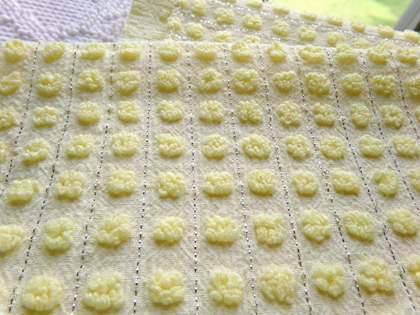 cheery cute yellow pops vintage chenille fabric, nubby dots & silver lurex, 18" x 24" cut piece of sewing material for quilting, crafts