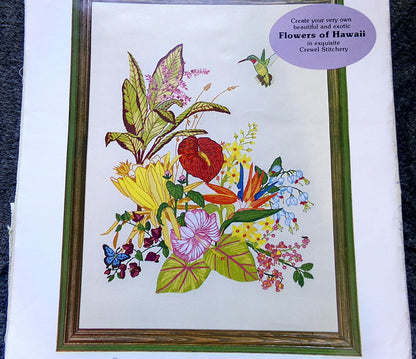 PARADISE FOUND Vintage Crewel Embroidery Kit, Flowers of Hawaii Tropical Hummingbird Paragon 0308 Stitchery Wall Hanging