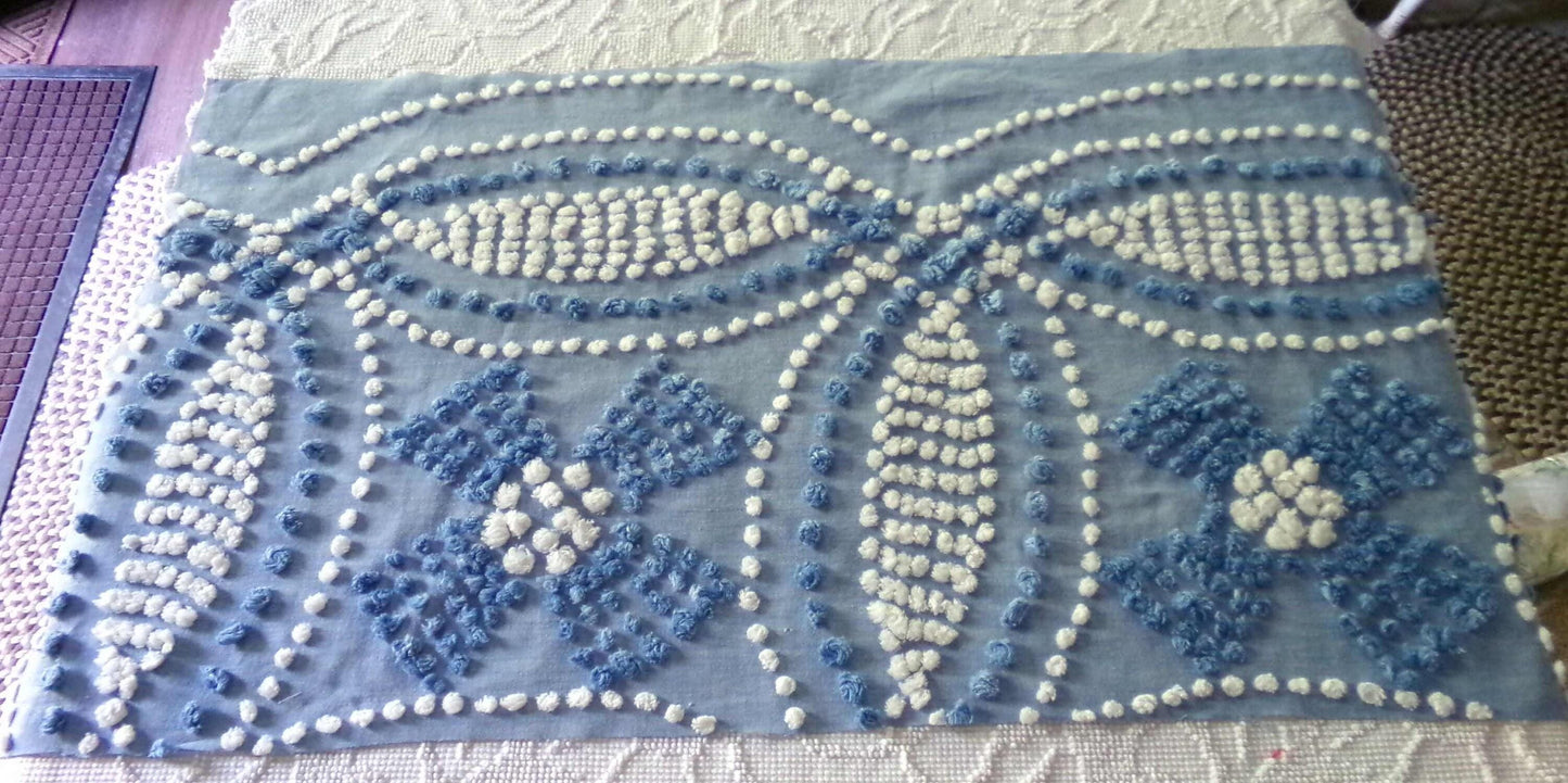 Shabby Beach Chic Vintage Chenille Fabric, Handmade Candlewick Blue & White Bow Design, 18" x 36" cut piece of cotton sewing material