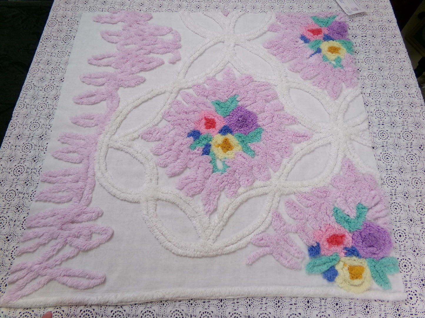 Lavender Floral Vintage Chenille Bedspread Fabric Piece 24x23" Sewing Material