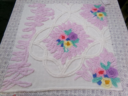 Lavender Floral Vintage Chenille Bedspread Fabric Piece 24x23" Sewing Material